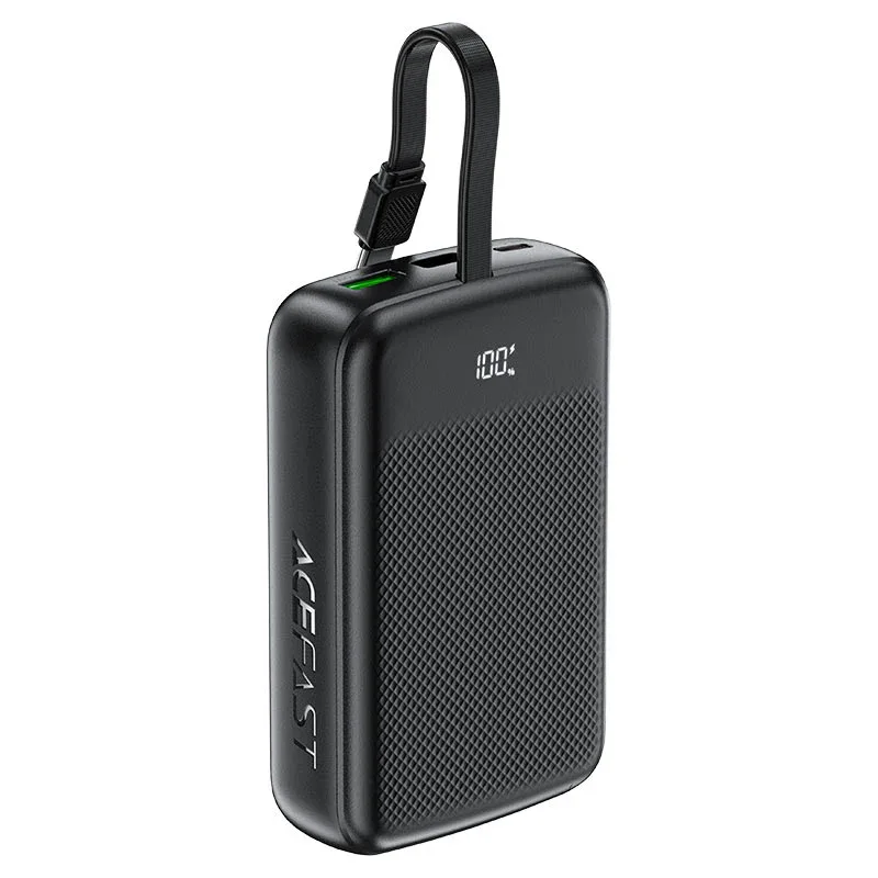 מטען נייד (סוללת גיבוי) 20000mAh לטעינה מהירה PD 22.5W עם כבל טעינה USB-C מובנה, שחור