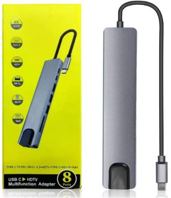 מפצל 8 ב-1 מ-USB-C ל-USB-C, USB, HDMI, LAN,SD CARD