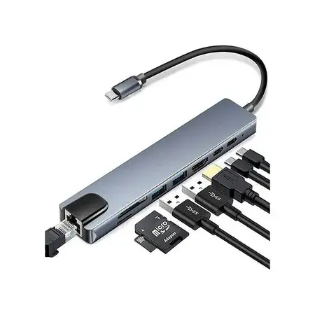 מפצל 8 ב-1 מ-USB-C ל-USB-C, USB, HDMI, LAN,SD CARD