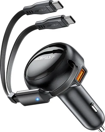 מטען רכב עם 2 יציאות USB-C, בעוצמה 53W וכבל טעינה נשלף - ACEFAST